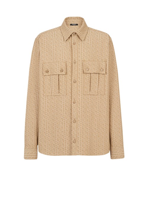 Balmain Cotton Shirt With Balmain Jacquard Monogram Beige | CNTHWLO-16