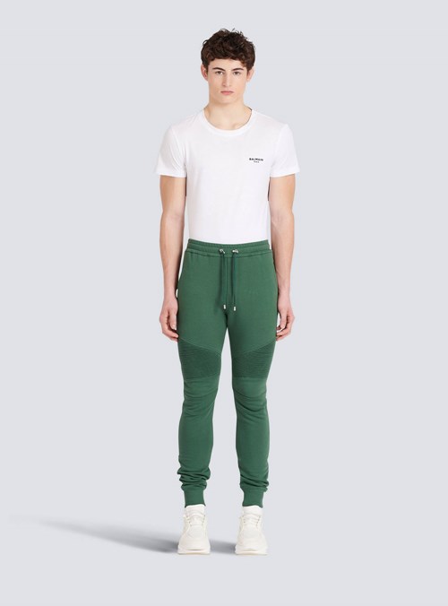 Balmain Cotton Sweatpants With Flocked Balmain Paris Logo Green | EDLHOWP-89