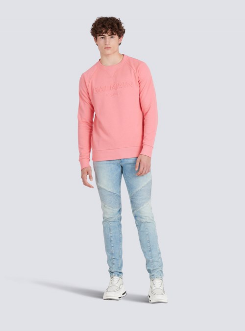 Balmain Cotton Sweatshirt With Embossed Balmain Logo Pink | FGQWEZR-43