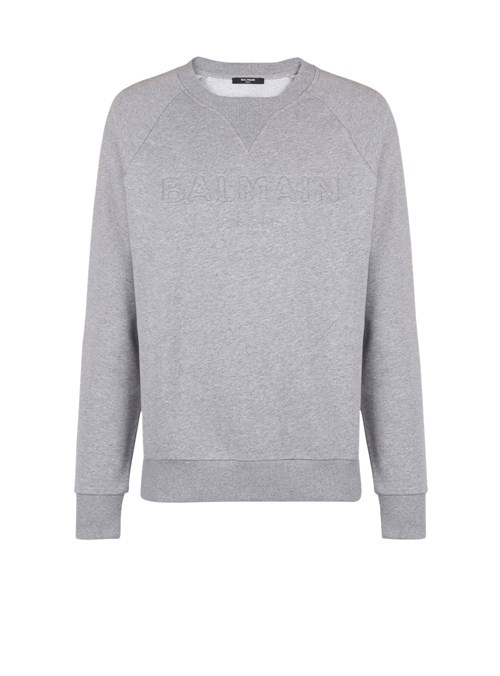 Balmain Cotton Sweatshirt With Embossed Balmain Logo Grey | OCKGLMZ-91