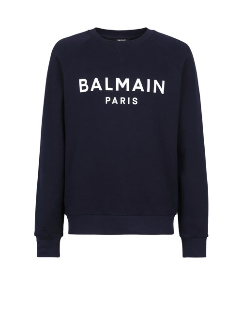 Balmain Cotton Sweatshirt With Flocked Balmain Paris Logo Navy | XTUVLWY-84