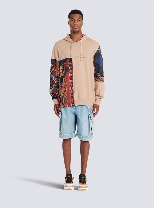 Balmain Cotton Sweatshirt With Multicolor Patchwork Print Beige | IGOUVBP-14