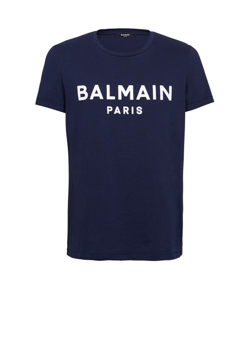 Balmain Cotton T-shirt With Flocked Balmain Medallion Navy | GEYFBDN-21