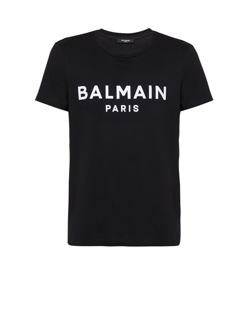 Balmain Cotton T-shirt With Flocked Balmain Medallion Black | RPAXGTN-21