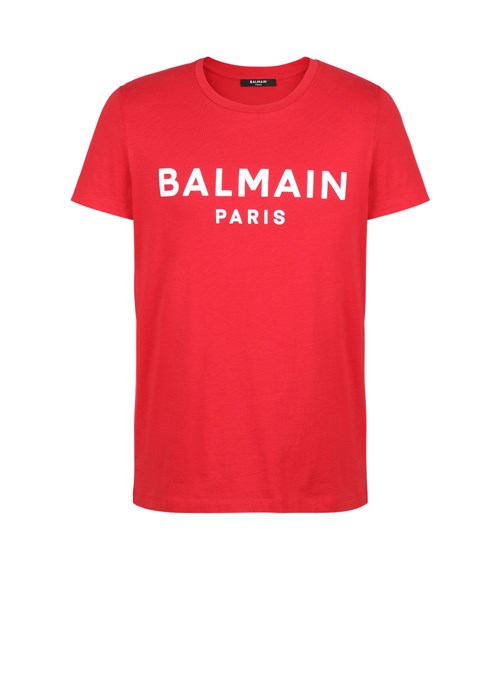 Balmain Cotton T-shirt With Flocked Balmain Medallion Red | SYUMAEK-29