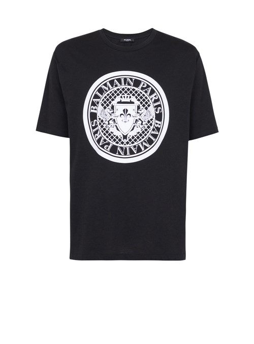 Balmain Cotton T-shirt With Flocked Balmain Medallion Black | TRNYUHW-27