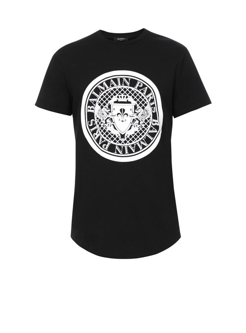 Balmain Cotton T-shirt With Flocked Velvet Balmain Medallion Black | PVRXYZM-60