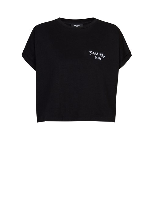 Balmain Cropped Cotton T-shirt With Small Flocked Graffiti Balmain Logo Black | WADEUSC-82