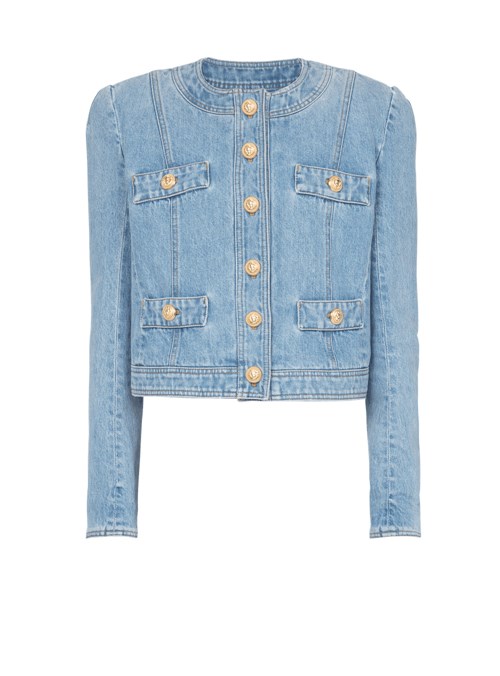 Balmain Cropped Denim Jacket Blue | LYIUQFA-94