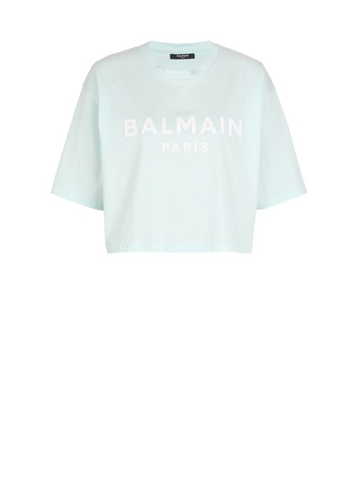 Balmain Cropped Eco-designed Cotton T-shirt With Balmain Logo Print Green | CHDANIZ-85