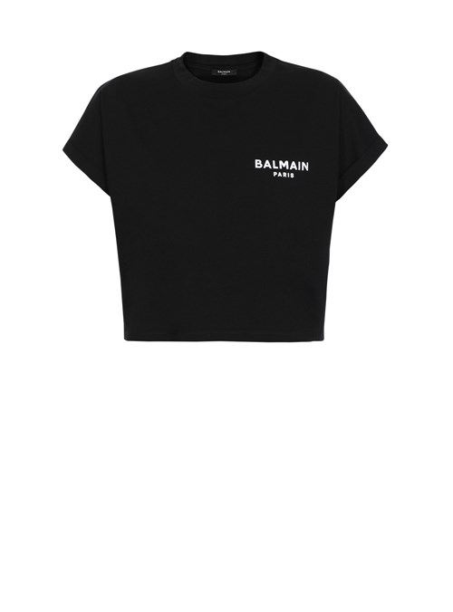 Balmain Cropped Eco-designed Cotton T-shirt With Small Flocked Balmain Logo Black | DJRNBKV-13