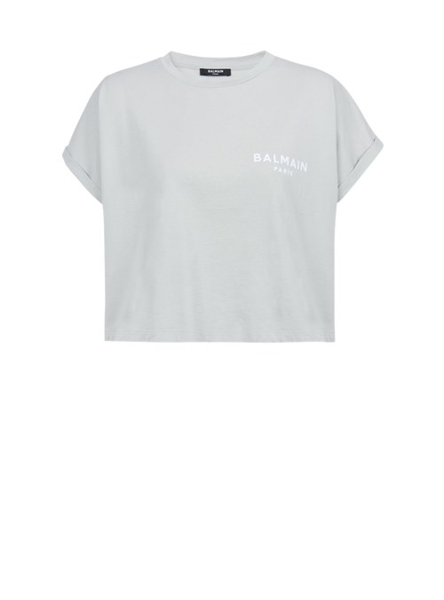 Balmain Cropped Eco-designed Cotton T-shirt With Small Flocked Balmain Logo Grey | ETYOBSL-37