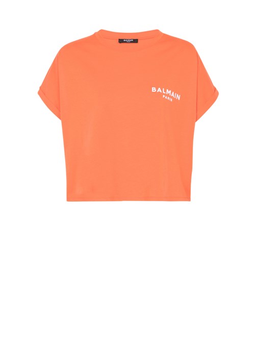 Balmain Cropped Eco-designed Cotton T-shirt With Small Flocked Balmain Logo Orange | FMWHAZN-06