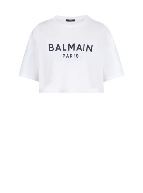 Balmain Cropped Eco-designed Cotton T-shirt With Balmain Logo Print White | GXULIVD-10