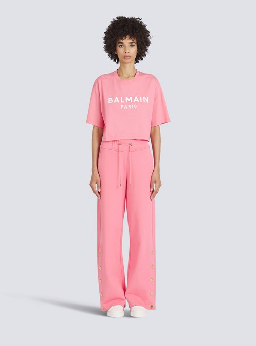 Balmain Cropped Eco-designed Cotton T-shirt With Balmain Logo Print Pink | IGVNRAF-57