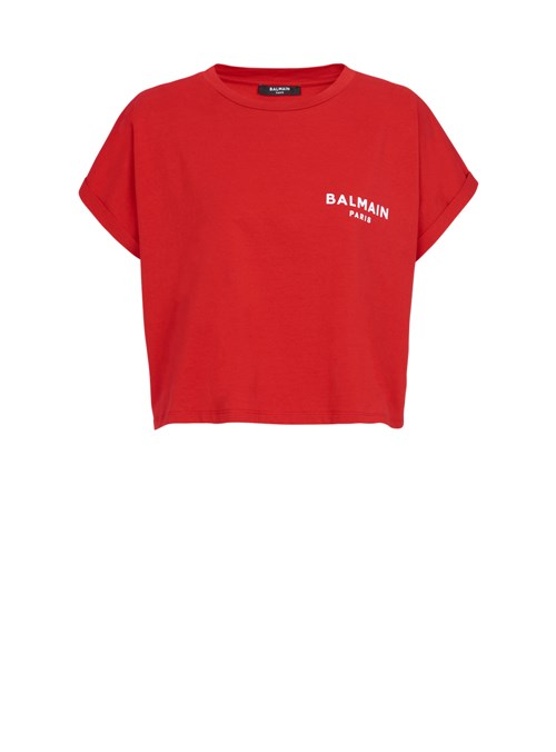 Balmain Cropped Eco-designed Cotton T-shirt With Small Flocked Balmain Logo Red | IPSHLKQ-08