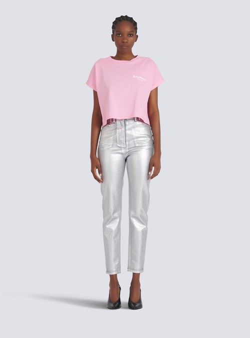 Balmain Cropped Eco-designed Cotton T-shirt With Small Flocked Balmain Logo Pink | YTOKGHV-03