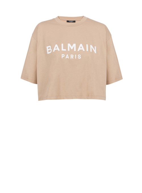 Balmain Cropped Eco-designed Cotton T-shirt With Balmain Logo Print Beige | ZVAQTSI-98