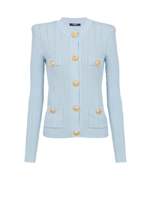 Balmain Cropped Eco-designed Knit Cardigan With Gold-tone Buttons Blue | EAYXFVL-23