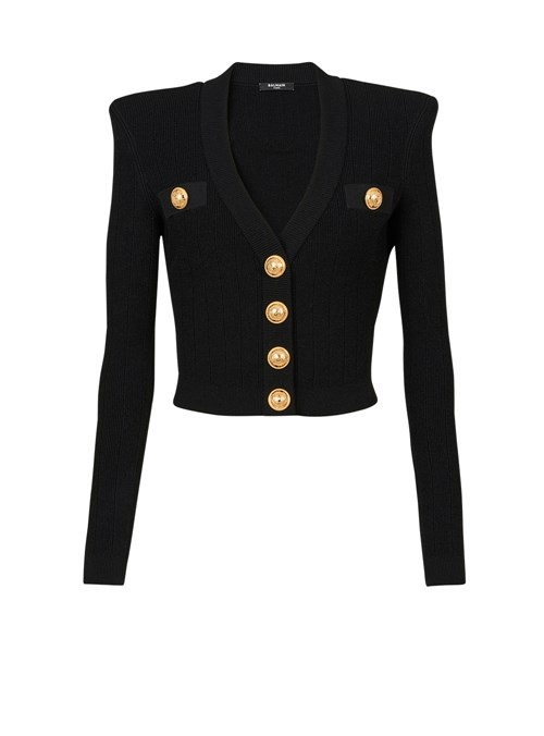 Balmain Cropped Eco-designed Knit Cardigan With Gold-tone Buttons Black | TEJPISO-17