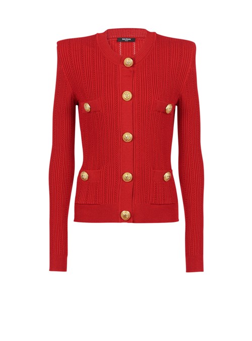 Balmain Cropped Eco-designed Knit Cardigan With Gold-tone Buttons Red | XGCQYJV-78