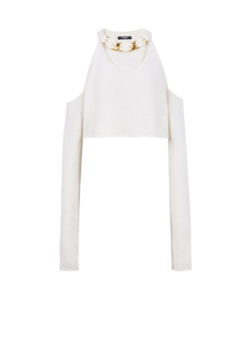 Balmain Cropped Knit Sweater White | RLGMJZI-41