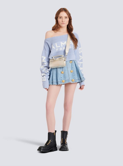 Balmain Cropped Knit Sweater With Graffiti Balmain Logo Print Blue | GHYXWSN-40