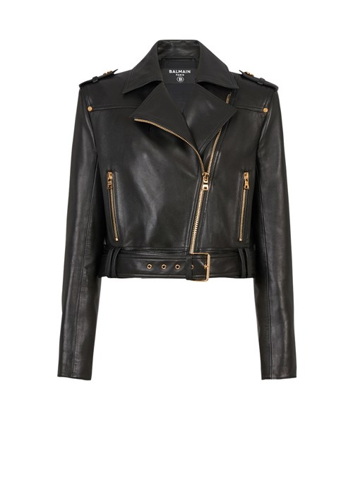 Balmain Cropped Leather Biker Jacket Black | EBCLXZS-49