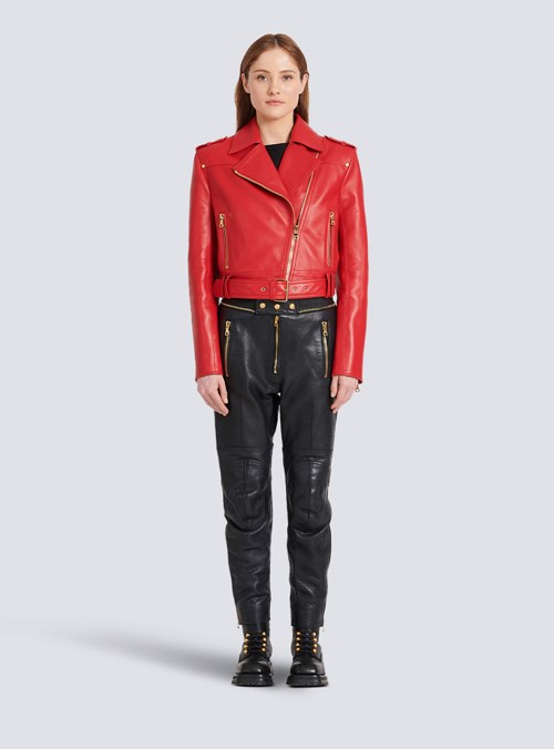 Balmain Cropped Leather Biker Jacket Red | HXWTOAU-79