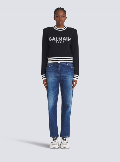 Balmain Cropped Wool Sweatshirt With Balmain Logo Black | OWIPEYK-52