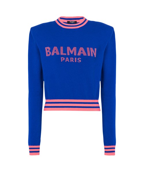 Balmain Cropped Wool Sweatshirt With Balmain Logo Blue | UGKYLOJ-97