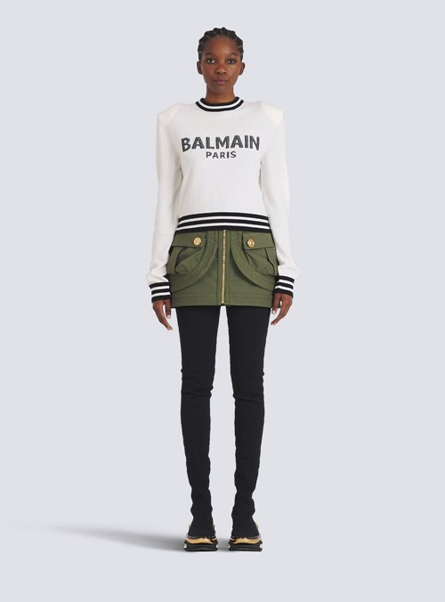 Balmain Cropped Wool Sweatshirt With Balmain Logo White | YHROZJK-76