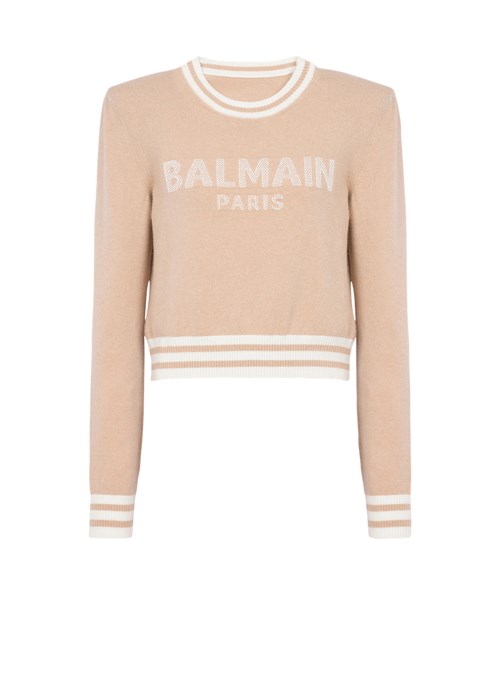 Balmain Cropped Wool Sweatshirt With Balmain Logo Beige | ZRCAXLF-01