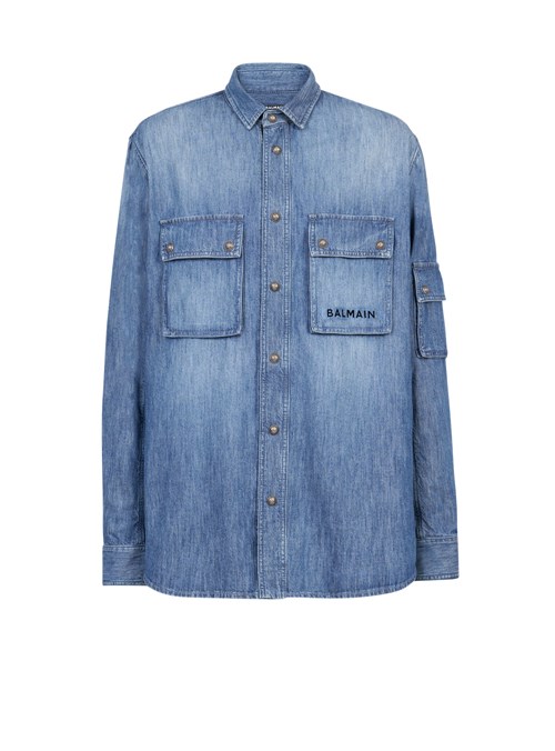 Balmain Denim Shirt With Logo Balmain Blue | PXBTCKY-13