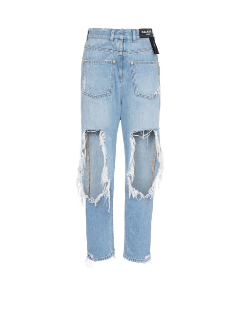 Balmain Destroyed Reverse Boyfriend Cut Jeans Blue | BCSRIVE-26