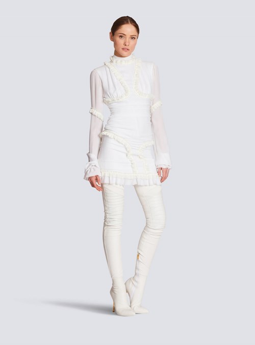 Balmain Draped Short Silk Dress With Ruffles White | KIDTNUZ-14