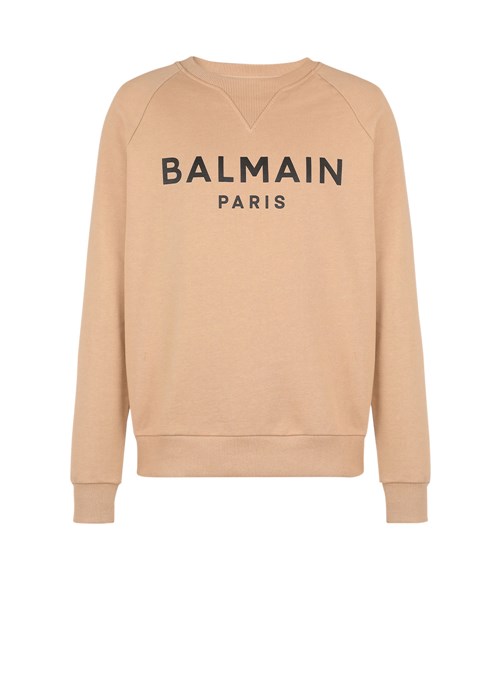 Balmain Eco-designed Cotton Sweatshirt With Balmain Paris Metallic Logo Print Beige | FAYBXSJ-35