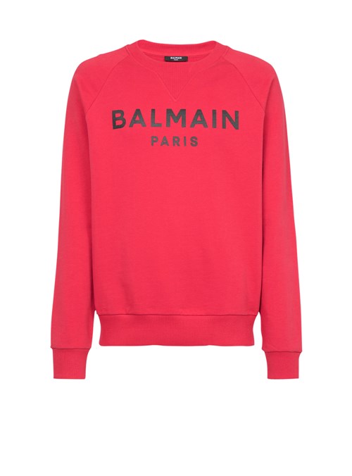 Balmain Eco-designed Cotton Sweatshirt With Balmain Paris Metallic Logo Print Red | KNOYTAH-76