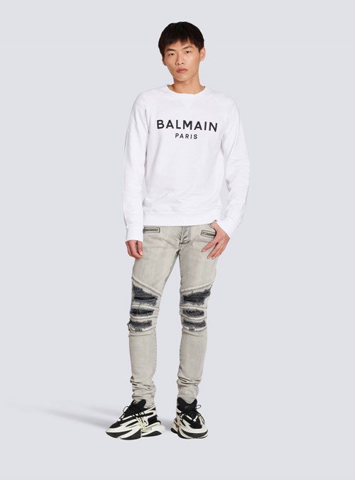 Balmain Eco-designed Cotton Sweatshirt With Balmain Paris Metallic Logo Print White | NVBPDZX-02