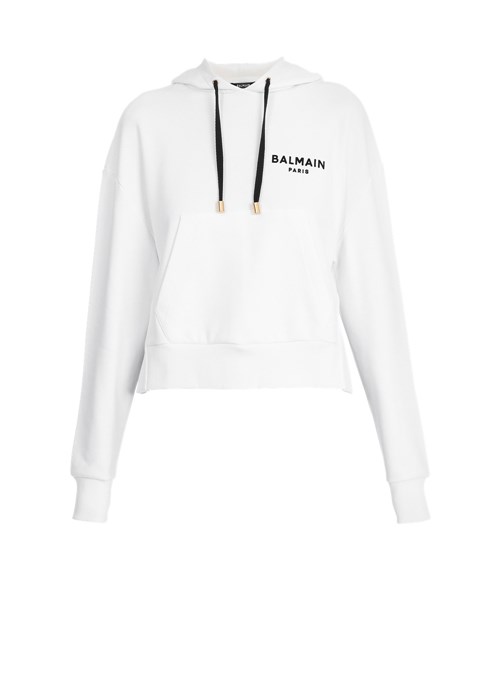 Balmain Eco-designed Cotton Sweatshirt With Flocked Balmain Logo White | PIMUTFJ-31