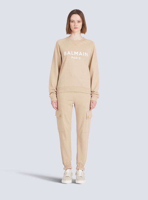 Balmain Eco-designed Cotton Sweatshirt With Balmain Logo Print Beige | VHXKGWF-67