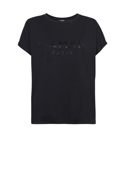 Balmain Eco-designed Cotton T-shirt With Rhinestone Logo Black | BKAVTNO-28