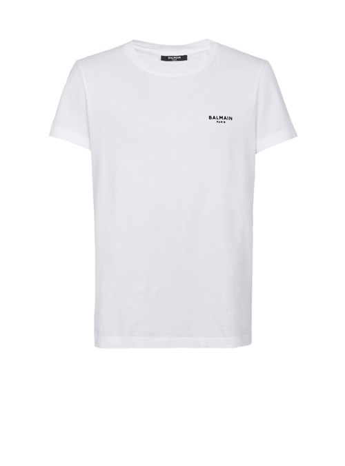 Balmain Eco-designed Cotton T-shirt With Small Flocked Balmain Paris Logo White | BMROCAZ-97