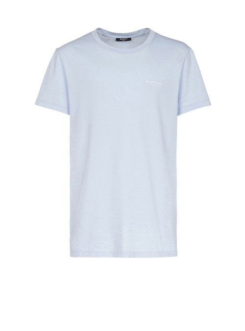 Balmain Eco-designed Cotton T-shirt With Small Flocked Balmain Paris Logo Blue | MRCYKFH-01