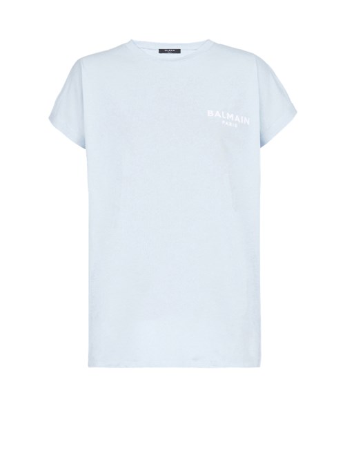 Balmain Eco-designed Cotton T-shirt With Small Flocked Balmain Logo Blue | UABXLHT-63