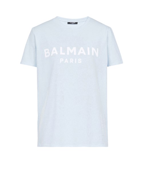 Balmain Eco-designed Cotton T-shirt With Flocked Balmain Logo Blue | VGLUIAE-56