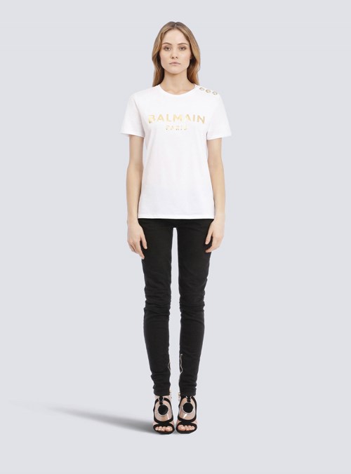 Balmain Eco-designed Cotton T-shirt With Balmain Logo Print Gold | XUELWHS-65