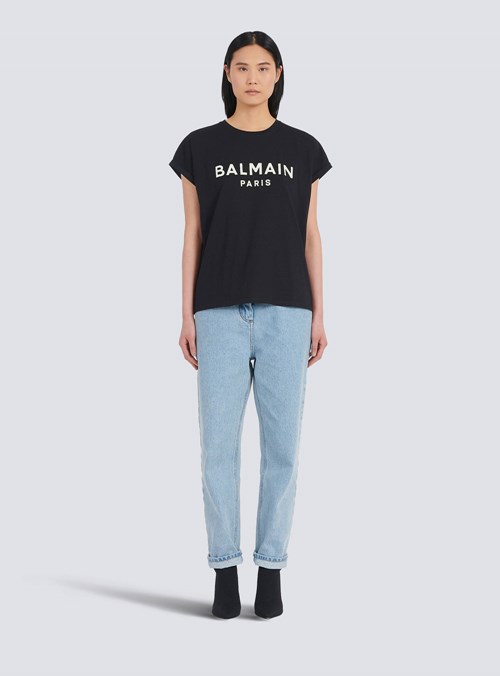 Balmain Eco-designed Cotton T-shirt With Balmain Logo Print Black | YBPTCFV-30