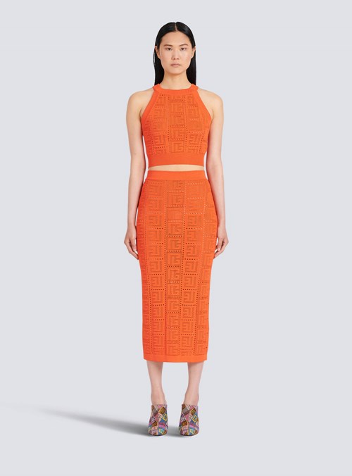 Balmain Eco-designed Knit Crop Top With Balmain Monogram Orange | OJWAQEB-25