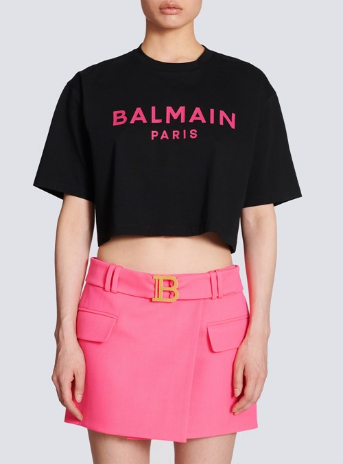 Balmain Exclusive - Cropped Cotton T-shirt With Balmain Logo Print Pink | BEGSFJO-67